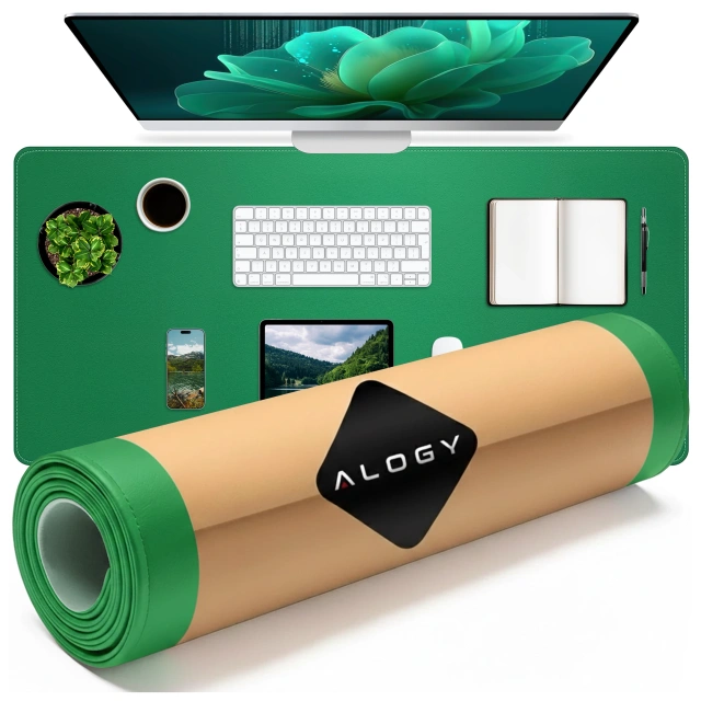 Podkładka na biurko 100×50 cm – antypoślizgowa mata ochronna z eleganckiej ekoskóry PU, pod mysz i klawiaturę, stylowa i trwała – Alogy WorkMat™ Zielona
