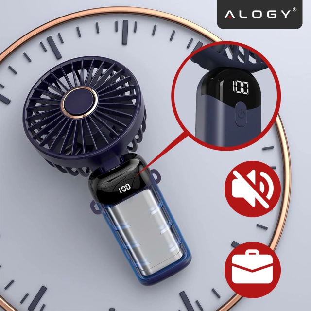 Wentylator Wiatrak Ręczny Bezprzewodowy, Przenośny i Biurkowy, z Uchwytem na Telefon, Ładowanie USB-C, Bateria 18650, Alogy CoolBreeze™ – Granatowy