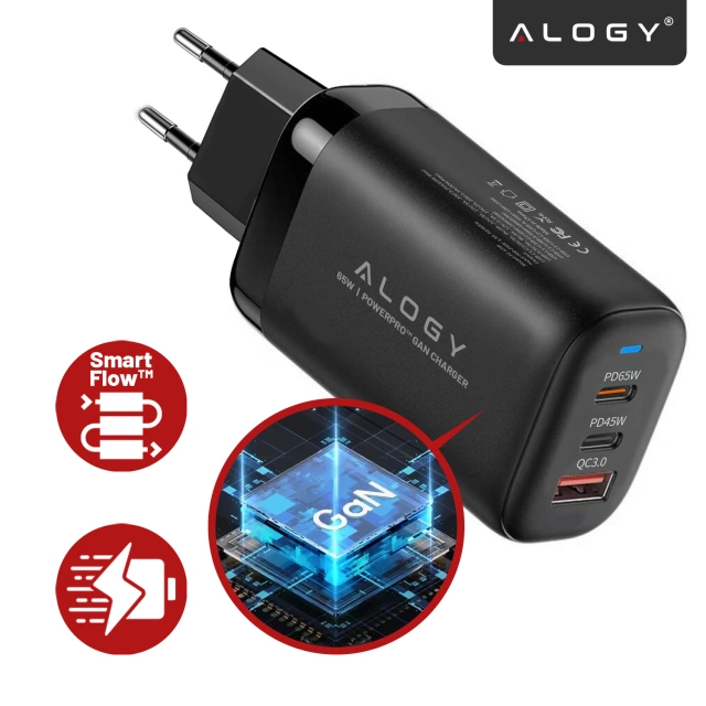 Ładowarka Sieciowa Szybka 3w1 do telefonu do Samsung do iPhone GaN3 65W PD i QC, Porty 2x USB-C 65W + USB-A 30W, Alogy GaNCharge Compact™ – Czarna