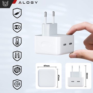 Schnelles 35-W-Wandladegerät 2x USB-C USB Typ C PD für iPhone Typ-C-Kabel 1 m Alogy White