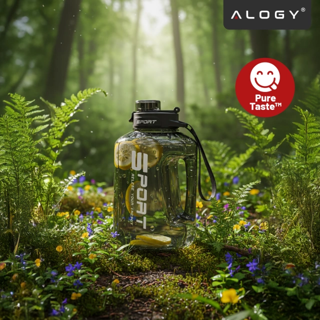 Duża Butelka Motywacyjna na Wodę 1.7L Bidon Sportowy z Miarką, Uchwytem i Pokrywką 2w1 (Dzióbek + Słomka), Wygodna i Szczelna, Alogy Sport 1700ml – Czarna