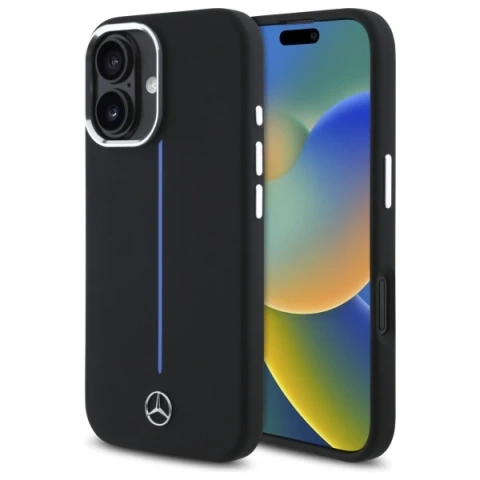 Etui Mercedes do iPhone 16 6.1" Czarny MagSafe Hardcase Silicone Blue Stripe