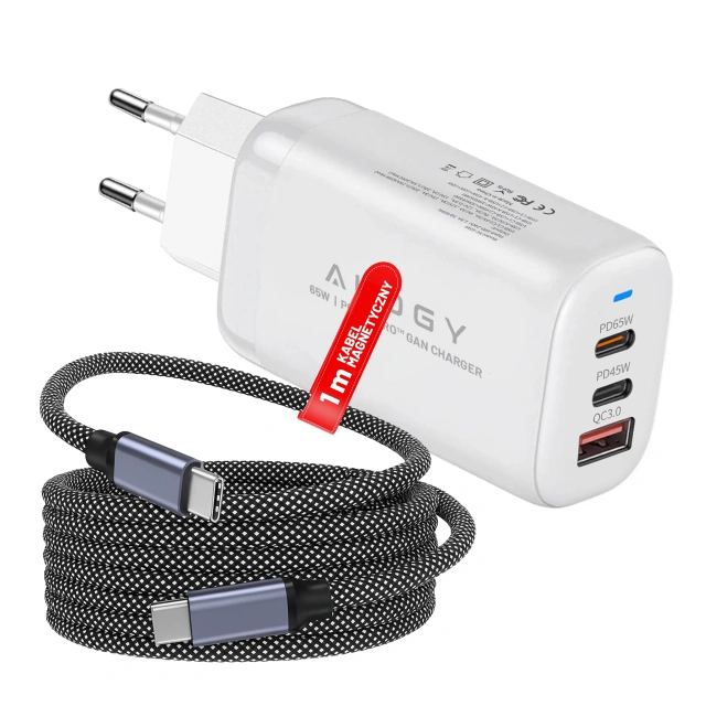 Kabel Zasilający USB-C do USB-C 65W 1m, Szybkie Ładowanie PD, Magnetyczny, Trwały i Elastyczny Przewód Kompatybilny z iPhone, MacBook i Android, Alogy MagiCharge™ – Czarny + Ładowarka Sieciowa 3w1 65W