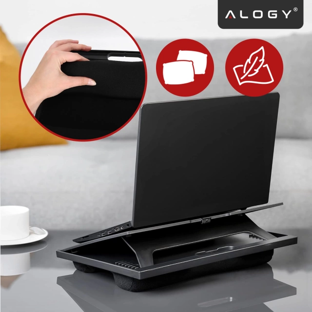 Składana Podstawka na Laptopa do 16 cali z Regulacją Kąta Nachylenia, Miękkimi Poduszkami i Antypoślizgową Powierzchnią, do Pracy w Łóżku i na Sofie, Alogy LapDesk™ – Czarna