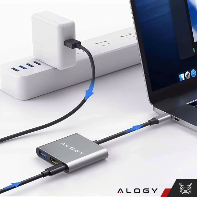 Adapter przejściówka HUB 3w1 USB-C na HDMI USB-A USB-C 4K 60Hz Alogy szary