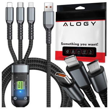 120 cm Alogy 3-in-1 Schnellladekabel 100 W USB auf USB-C Micro Lightning Schwarz
