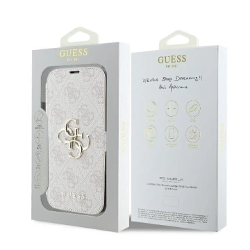 Guess 4G Metall-Logo-Buchhülle für iPhone 16 Pro Max – Pink ze standem