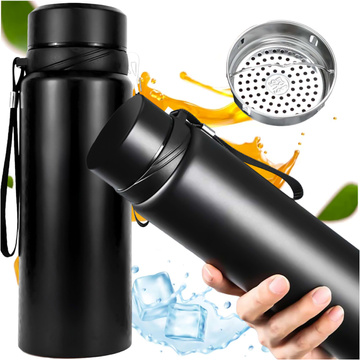 Termos butelka bidon termiczny 1l do kawy herbaty yerba mate z zaparzaczem sitko duży Alogy stal czarny + Szczotka do mycia