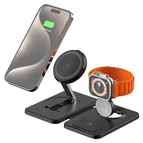 Alogy MagCharge Faltbares Pro 3-in-1 Kabelloses Ladegerät mit MagSafe für Apple iPhone, Watch und AirPods, Schwarz