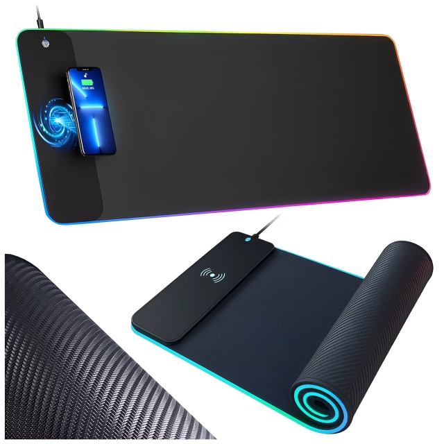 Podkładka na biurko z oświetleniem LED RGB pod myszkę mysz klawiaturę z ładowarką Qi do telefonu Alogy QiGlow Pro Mata ochronna antypoślizgowa gamingowa XL 80x30 cm Czarna