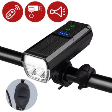 LED-Fahrradfrontlicht mit Solarpanel und Hupe, superhell (1000 lm, 4400 mAh), wasserdicht, schwarz