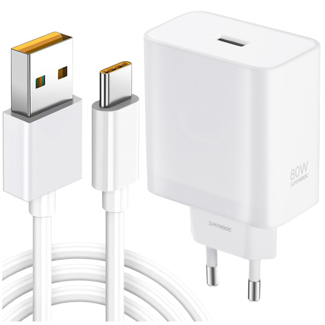 Wandladegerät Original Oneplus SUPERVOOC 80 W USB Typ-A-Adapter EU VCB8JAEH Kabel DL136 USB-C Typ C 65 W 1 m Weiß