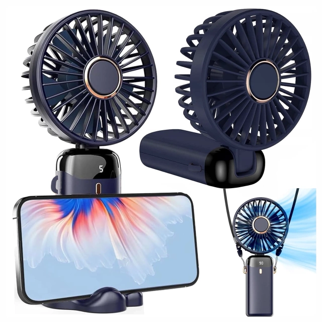 Wentylator Wiatrak Ręczny Bezprzewodowy, Przenośny i Biurkowy, z Uchwytem na Telefon, Ładowanie USB-C, Bateria 18650, Alogy CoolBreeze™ – Granatowy