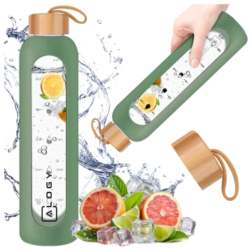 Große Glasflasche, Trinkflasche Alogy Motivational Messbecher 1l 1000ml, Silikonhülle Olive