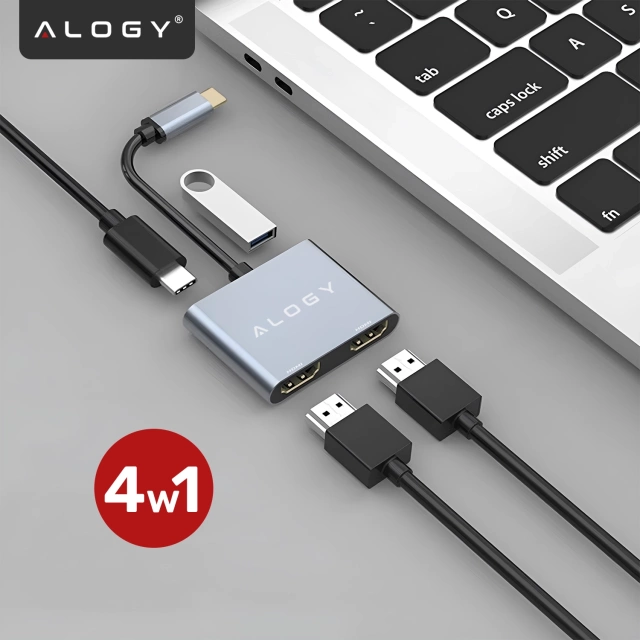 Adapter HUB 4w1 Alogy przejściówka USB-C do 2x HDMI USB 3.0 USB-C szybkie ładowanie PowerDelivery PD 100W