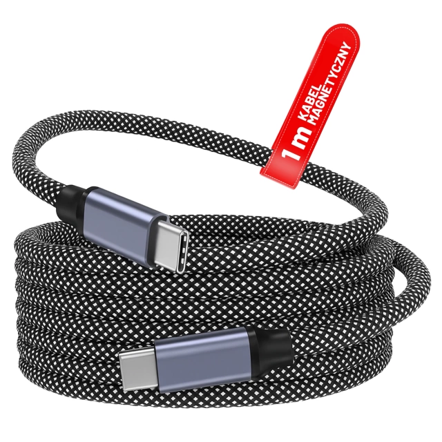 Kabel Zasilający USB-C do USB-C 65W 1m, Szybkie Ładowanie PD, Magnetyczny, Trwały i Elastyczny Przewód Kompatybilny z iPhone, MacBook i Android, Alogy MagiCharge™ – Czarny + Ładowarka Sieciowa 3w1 65W