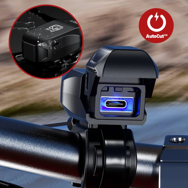 Ładowarka Motocyklowa Kewig USB-C 36W, Szybkie Ładowanie QC, Wodoodporna IP65 z Wyłącznikiem i Podświetleniem LED, Montaż na Kierownicy, do Telefonu, Kamerki, Interkomu – Czarna