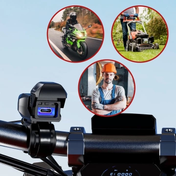 Kewig USB-C Motorradladegerät 36W, QC-Schnellladung, wasserdicht (IP65) mit Ein-/Ausschalter und LED-Hintergrundbeleuchtung, Lenkerhalterung, für Handy, Kamera und Gegensprechanlage – Schwarz