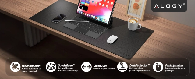 Podkładka na biurko 120×60 cm – antypoślizgowa mata ochronna z eleganckiej ekoskóry PU, pod mysz i klawiaturę, stylowa i trwała – Alogy WorkMat™ Czarna