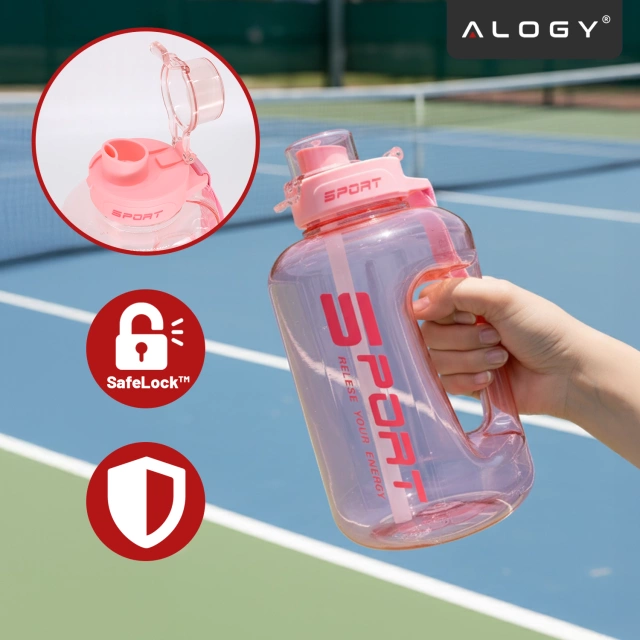 Duża Butelka Motywacyjna na Wodę 1.7L Bidon Sportowy z Miarką, Uchwytem i Pokrywką 2w1 (Dzióbek + Słomka), Wygodna i Szczelna, Alogy Sport 1700ml – Różowa