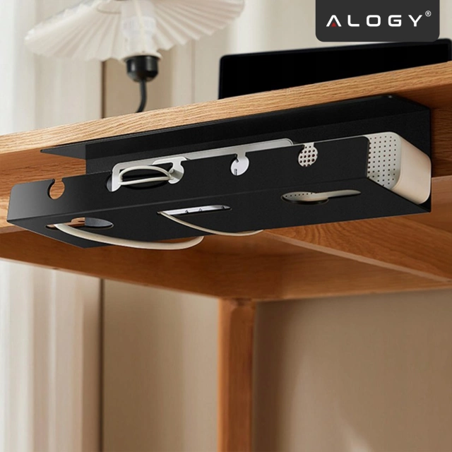 Organizer na Kable 2w1 Pod Biurko i na Ścianę, 40 cm, z Paskiem Klejącym utrzymanie porządku na biurku, Alogy CableHold™ – Czarny