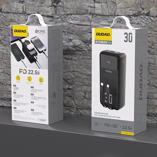 Powerbank Dudao K15MAX 30000mAh PD 22.5W z kablami Czarny