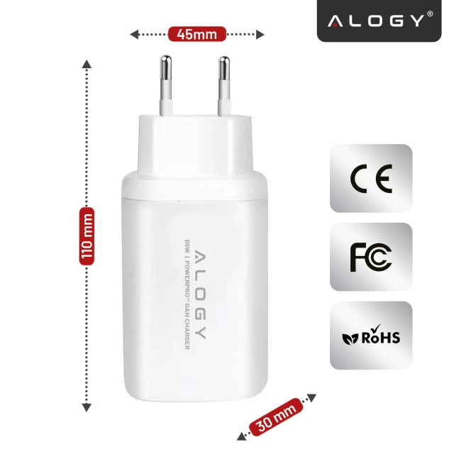 Ładowarka Sieciowa 3w1 z Technologią GaN3 65W, Szybkie Ładowanie PD i QC, Porty 2x USB-C 65W + USB-A 30W, Kompaktowa i Wydajna, Alogy GaNCharge Compact™ – Biała