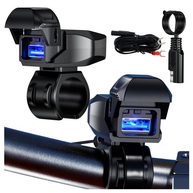 Ładowarka Motocyklowa Kewig USB-A 18W, Szybkie Ładowanie QC, Wodoodporna IP65 z Wyłącznikiem i Podświetleniem LED, Montaż na Kierownicy, do Telefonu, Kamerki, Interkomu – Czarna