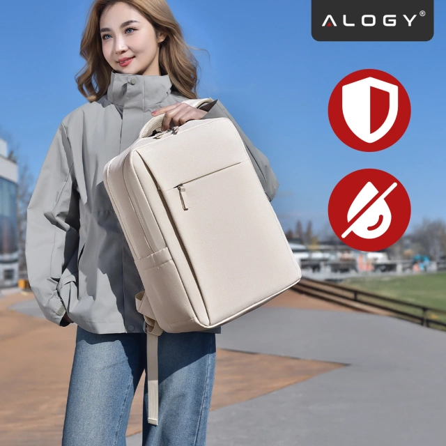 Plecak biznesowy na laptopa 15–16" – wodoodporny, odporny na wstrząsy, z kieszenią na butelkę i paskiem na walizkę – Alogy UrbanPack Pro™ Beżowy