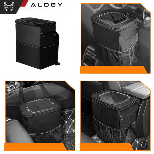 Samochodowy kosz na śmieci Organizer mini śmietnik na zagłówek fotel auta do samochodu czarny 8l torba termiczna Alogy