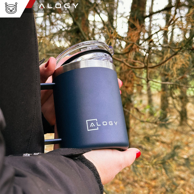 Kubek termiczny 420ml z uchwytem pokrywką na kawę herbatę stalowy zimne i ciepłe napoje Alogy granatowy + Szczotka do mycia