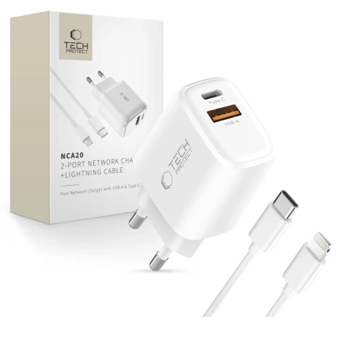 Ładowarka Tech-Protect NCA20 20W PD QC3.0 + Kabel Lightning Biała