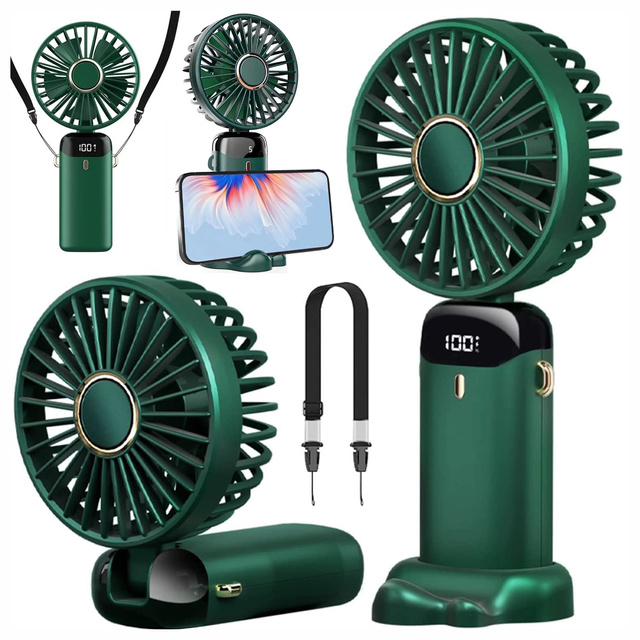 Wentylator Wiatrak Ręczny Bezprzewodowy, Przenośny i Biurkowy, z Uchwytem na Telefon, Ładowanie USB-C, Bateria 18650, Alogy CoolBreeze™ – Zielony