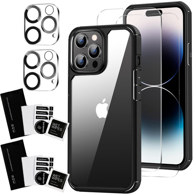 Etui Case do iPhone 14 Pro Max + zestaw 4 szkieł 5w1 pancerne 360 Alogy Hybrid 2x Szkło na ekran +2x obiektyw czarno-przezroczyste