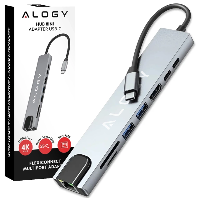 Hub 8w1 USB-C do 2xA+2xC+HDMI+SD+Micro+LAN 100mb – Alogy MultiHub™ Do Notebooka Laptopa