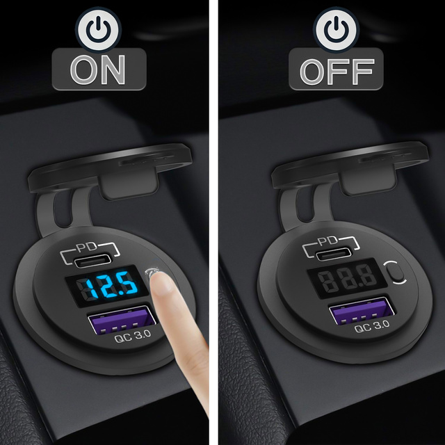 Ładowarka samochodowa USB QC 3.0 + USB-C type-C PD adapter gniazdo zapalniczki samochodu Woltomierz LED 48W szybka do telefonu czarna