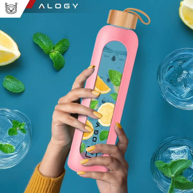 Butelka szklana duża bidon na napoje do picia Alogy Miarka motywacyjna 1l 1000ml etui silikonowe Różowa