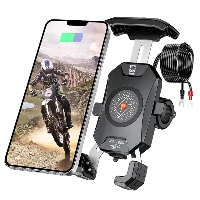 Uchwyt Motocyklowy na kierownicę KEWIG M14-A1 na telefon z ładowarką Qi + PD USB-C na motor quada skuter Czarny