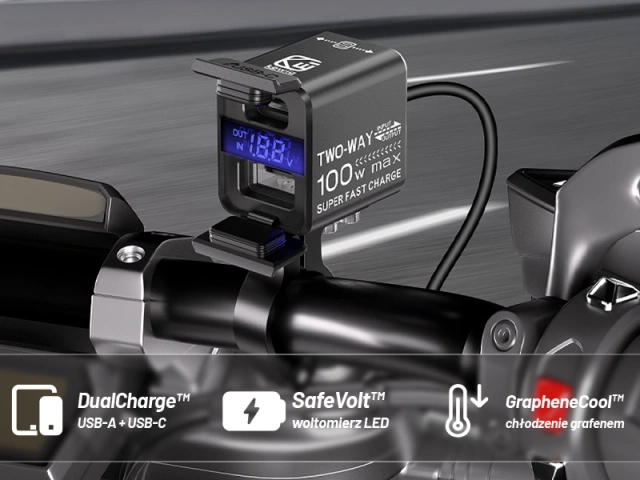 Ładowarka Motocyklowa Kewig, Uniwersalna Aluminiowa 100W, Dwukierunkowa z Woltomierzem, Szybkie Ładowanie USB-A i USB-C, Inteligentna i Wodoodporna – Czarna
