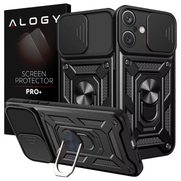 Etui do Apple iPhone 16 pancerne Slide Case Ring obudowa ochrona aparatu Camshield Alogy czarne + Szkło