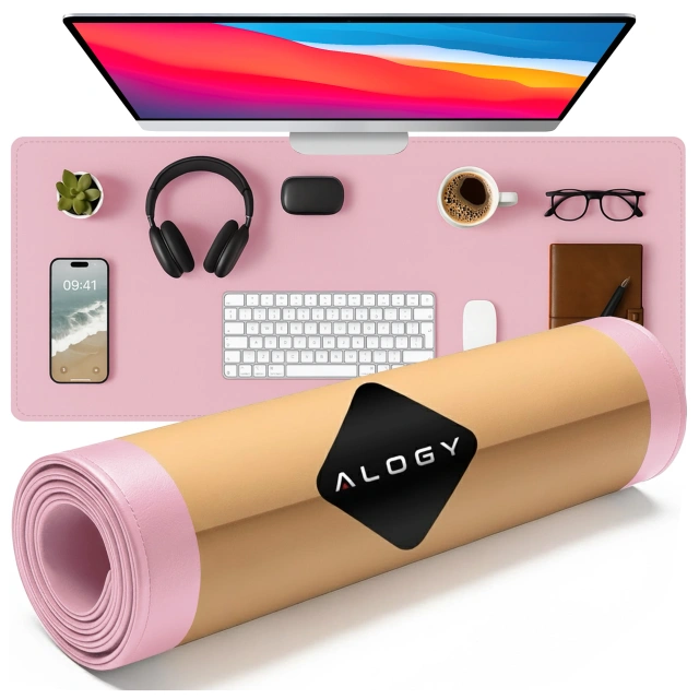 Podkładka na biurko 100×50 cm – antypoślizgowa mata ochronna z eleganckiej ekoskóry PU, pod mysz i klawiaturę, stylowa i trwała – Alogy WorkMat™ Różowa