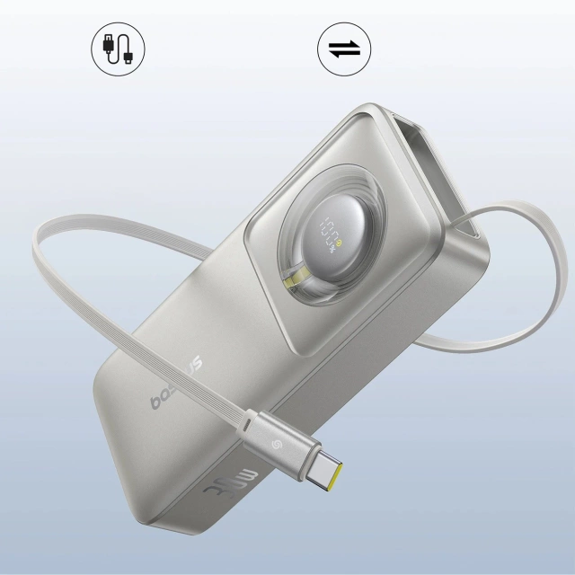 Powerbank Baseus Free2Pull 10000mAh 30W z portem USB-C i rozwijanym kablem USB-C - szary