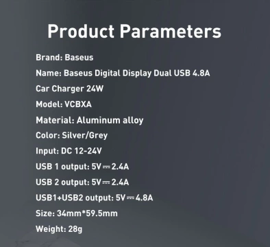 Baseus Autoladegerät 2x USB 4.8A 24W mit LCD Kabel 3in1 USB - USB Type C / Micro USB / Lightning 1.2m schwarz (TZCCBX-0G)