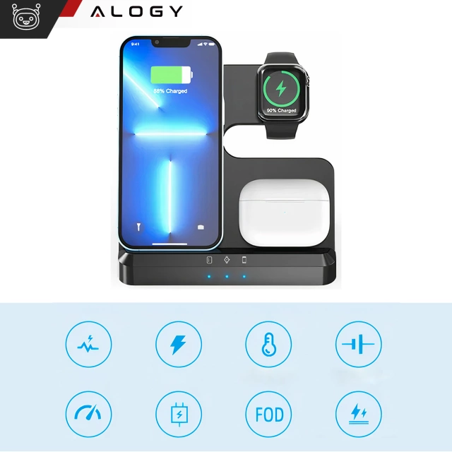 Ładowarka Bezprzewodowa Indukcyjna Qi QC 3.0 3w1 Szybka do Apple iPhone Airpods Watch Stacja ładująca 15W czarna