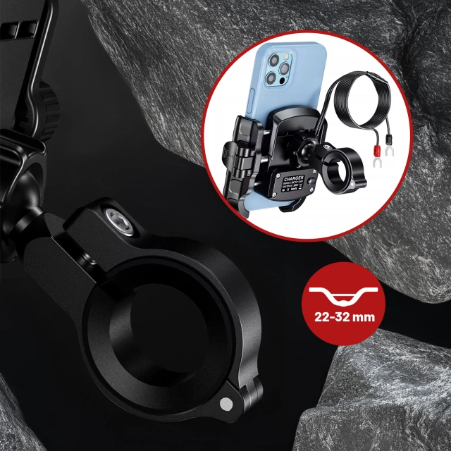 Uchwyt Motocyklowy na Telefon z Szybkim Ładowaniem 36W USB-C PD Kewig do Kierownicy i Lusterka, Rotacja 360°, Kompatybilny z Telefonami 5.4–7" - Czarny