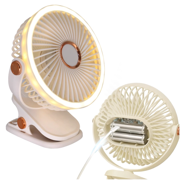 Wentylator wiatrak 2800 mAh wiatraczek LED przenośny klips Alogy biurkowy na biurko wózek dla dziecka bezprzewodowy beżowy