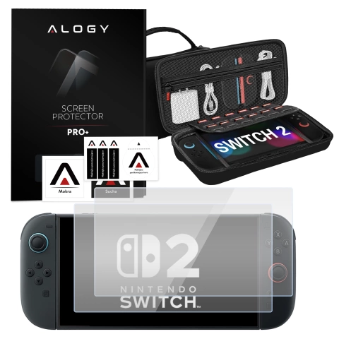 Pokrowiec Etui do Nintendo Switch 2 2025 Torba Ochronna Twarda EVA, Wodoodporna, Lekka, z Uchwytami i przegrodami akcesoria Alogy HardFoamBag™ – Czarna + 2X SZKŁO HARTOWANE