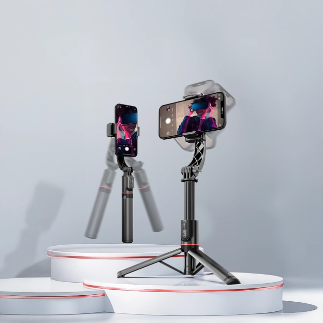 Gimbal stabilny Statyw z pilotem Bluetooth Selfie Stick Lampą LED oświetleniem obrotowy 360° 70cm Techsuit L19s Czarny