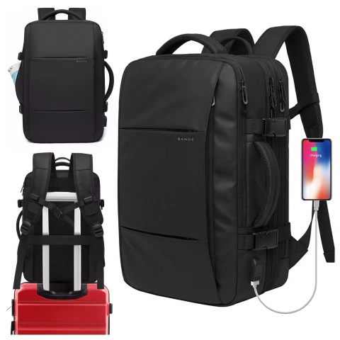 Plecak wodoodporny Bange na laptopa 15.6" miejski podróżny 47x31x15-25 cm do pracy samolotu męski damski z portem USB Czarny
