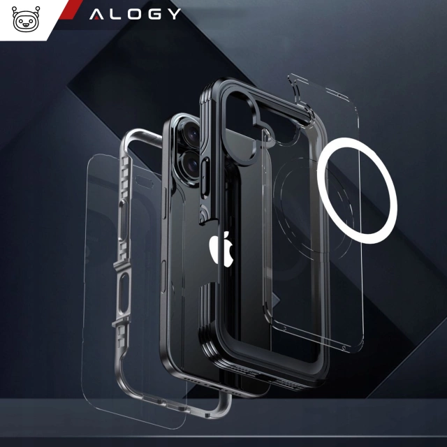 Etui ochronne na telefon do Apple iPhone 16 Alogy Shield360 MagCase™️ do MagSafe obudowa z ochroną wyświetlacza i aparatu Czarne